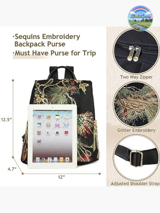Embroidery Canvas Anti-theft Backpack Purse, Fashion Travel Rucksack
